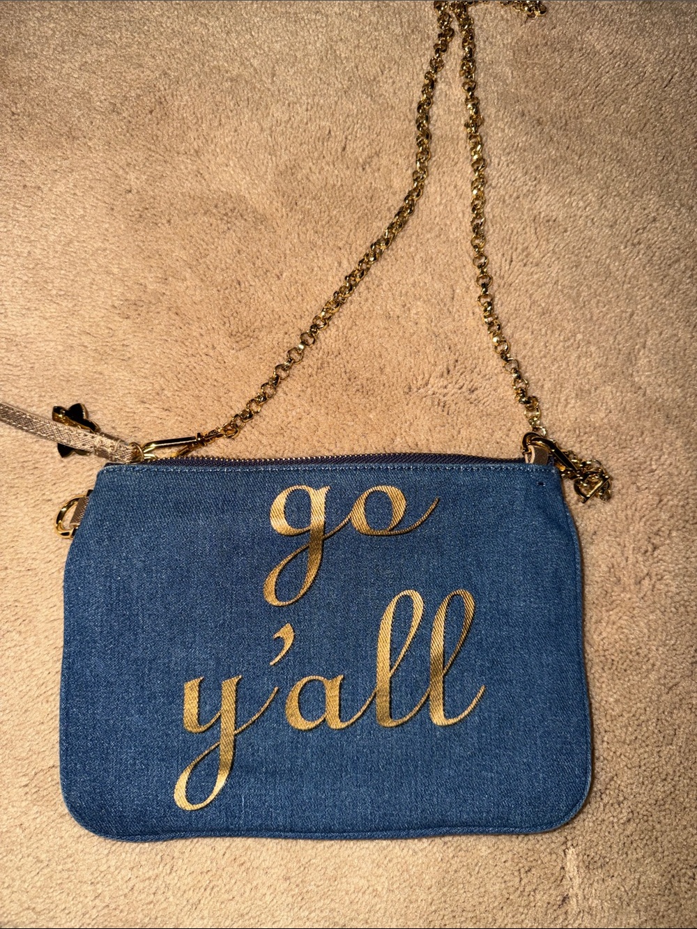 Reese Witherspoon brand Blue Denim 'go y'all' Crossbody Bag with Gold Script